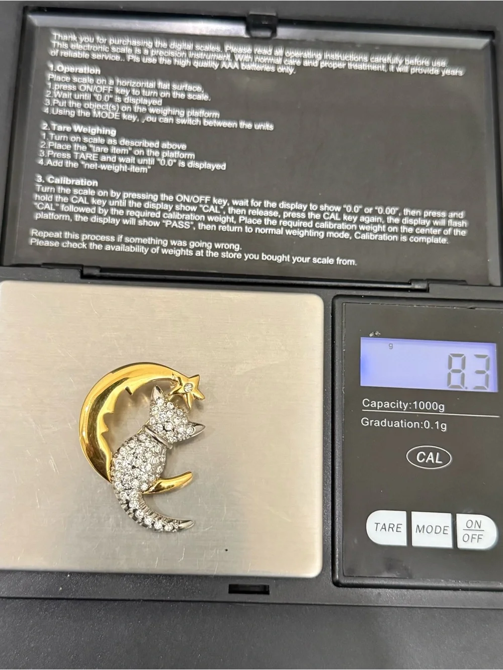 Vintage Unsigned Pave Crystal Cat Perched on Crescent Moon Brooch
